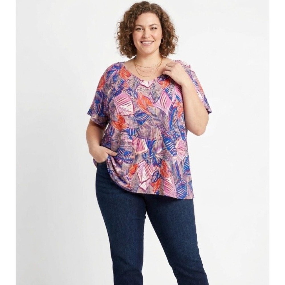 New Spense Pink Purple Colorful Leaf Print Stretch Pullover Top size 3X